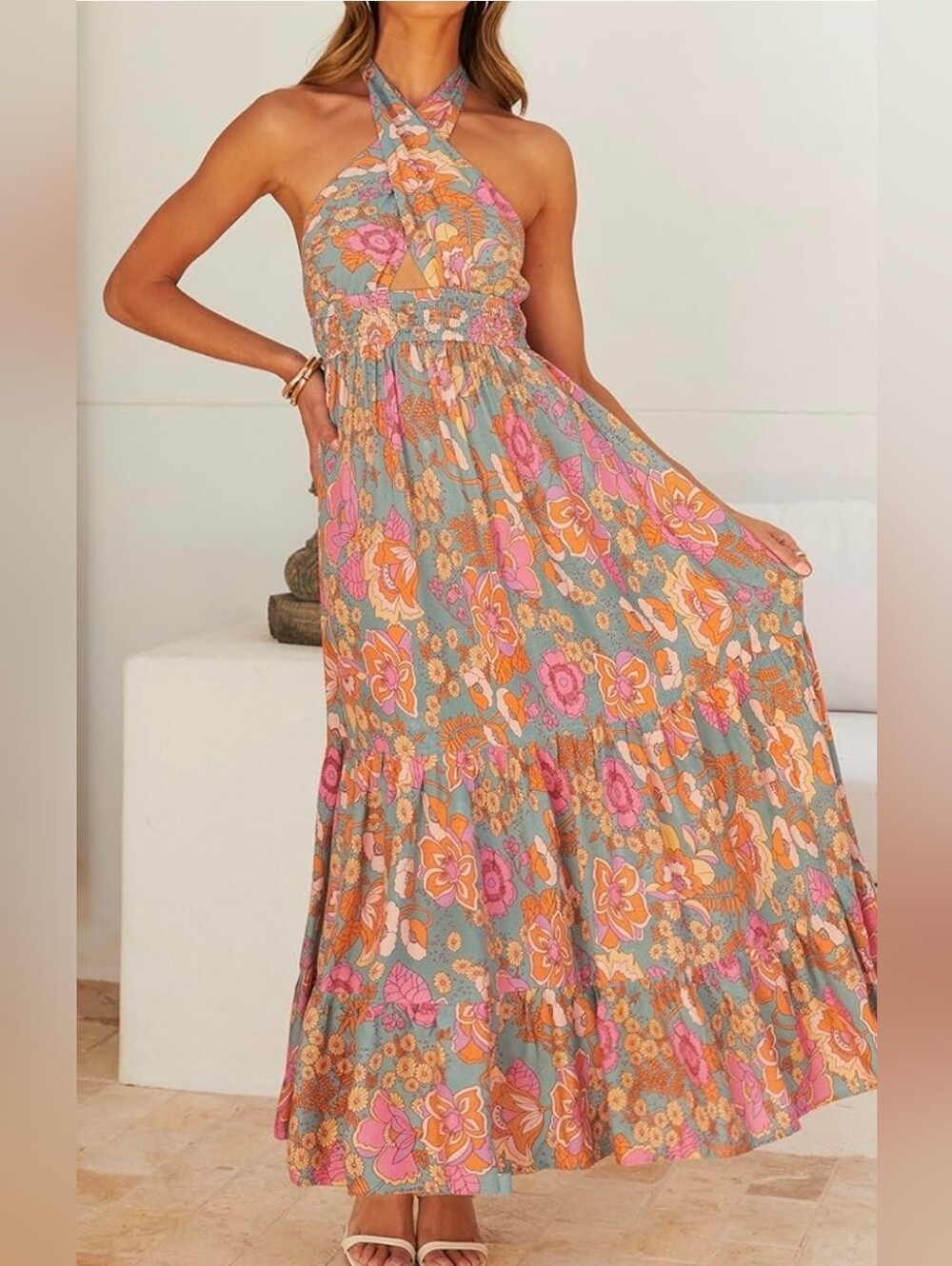 NWT ZESICA Floral Crossover Halter Neck Sleeveless Maxi Dress XL